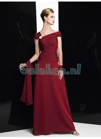 A-lijn Burgundy Off-shoulder Dropped Waist Chiffon Moeder Van De Bruid Jurken